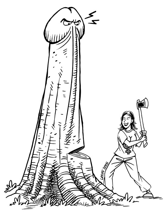 A woman cuts down a patriarchal penis tree thing.