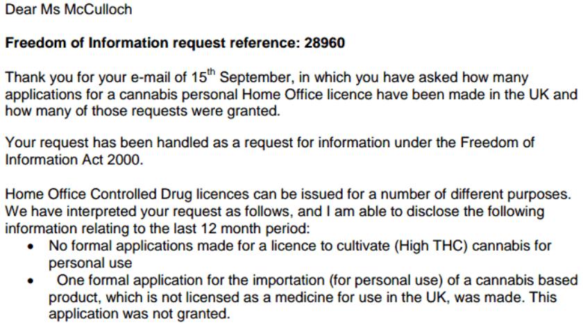 FOI cannabis import request from Home Office