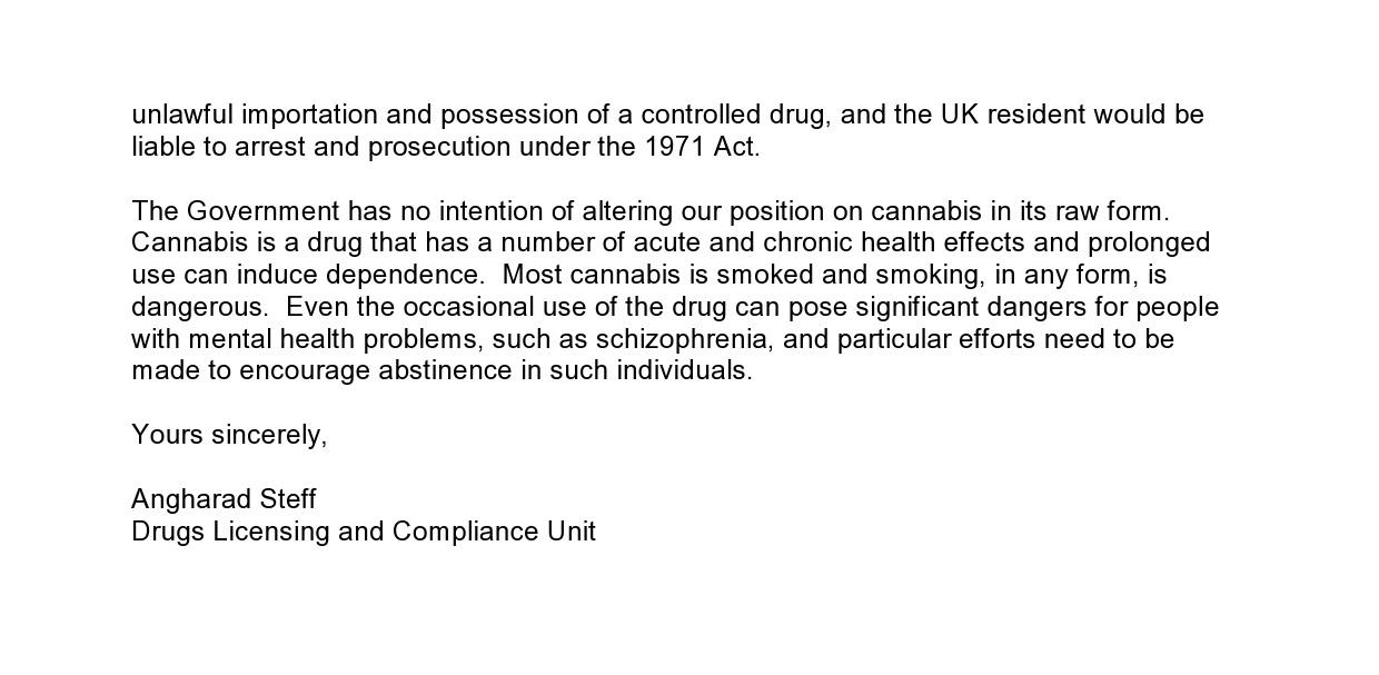 Letter from the Drug Licencing Unit from the Home Office re medical cannabis pt 2