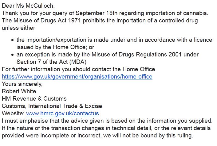 Email from Customs re import of cannabis.