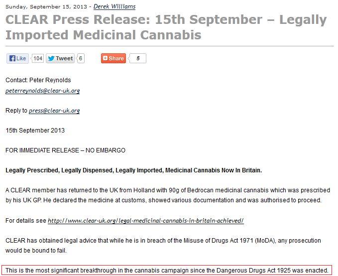 CLEAR Press release - "Legally Imported Medicinal Cannabis"