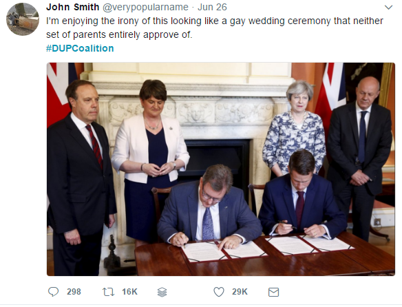DUP- Conservative deal signing looks like a gay wedding where neither set of parents approve